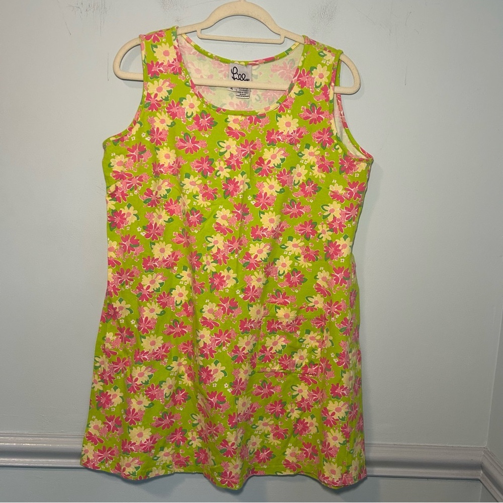 Lilly Pulitzer Cotton Blend Green Pink & Yellow Floral Mini Tank Dress Size XL
